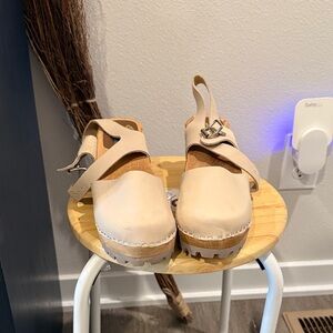 MIA Cream Leather Clog Sandals with Ankle Strap